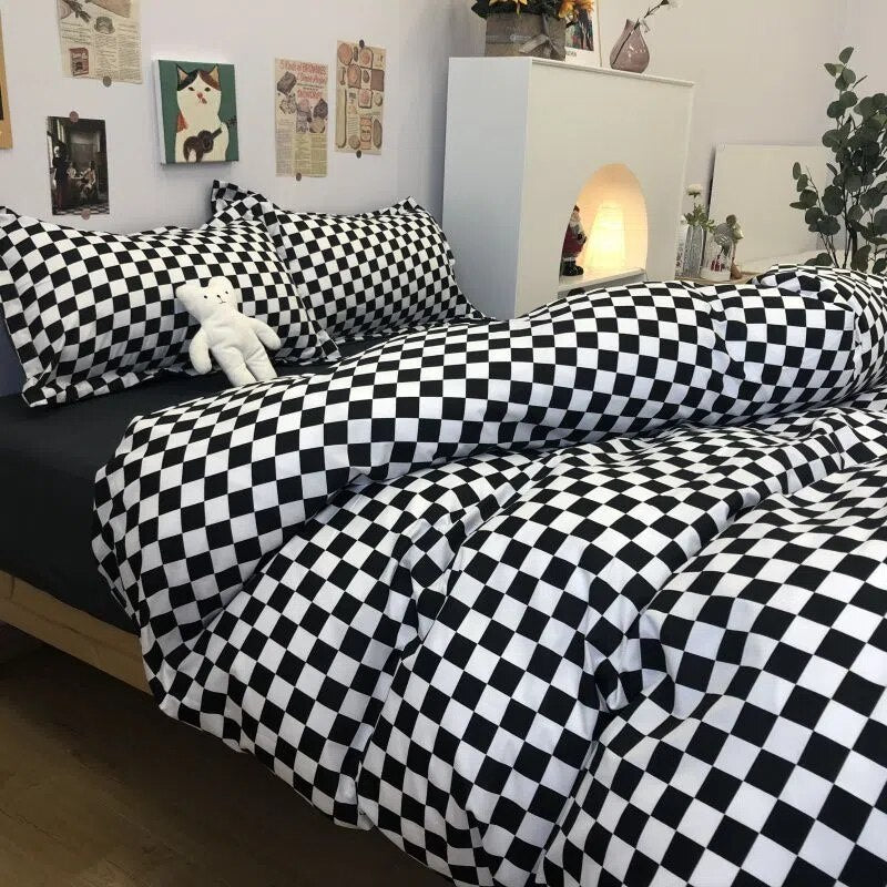 Nordic Pink Black Checkerboard Duvet Cover Sets With Pillow Case Bed Sheet Kids Girls Bedding Sets King Queen Twin Kawaii