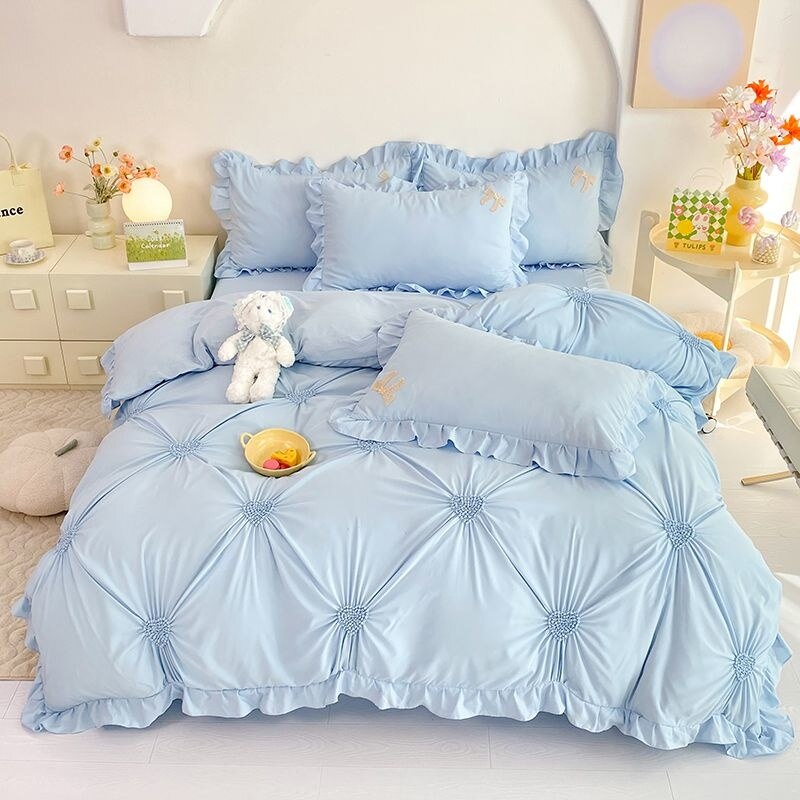 Korean Princess Duvet Cover Set Simple Solid Color Bedding Set Lace Ruffles Bed Skirt Sheets Gilr Quilt Cover Full Queen Size