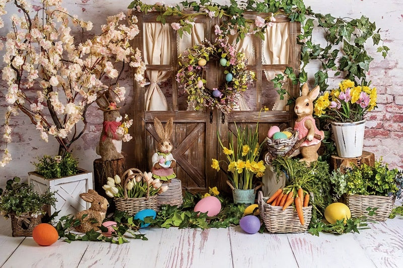 Qfdian Party decoration hot sale new Spring Easter Backdrop Brick Wall Egg Rabbit Newborn Baby Birthday Party Decor Wood Floor Photography Background Photo Studio