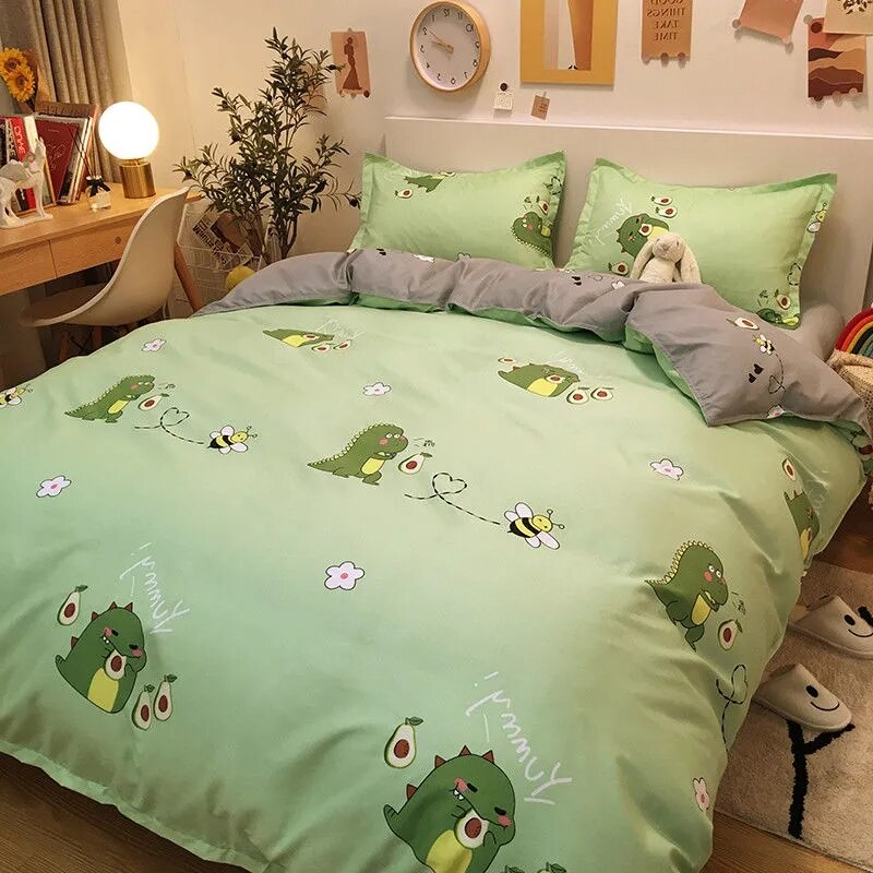 Ins Pastoral Style Green Floral Duvet Cover With Pillow Case Princess Bed Sheet Kids Girls Bedding Set King Queen Cute Kawaii