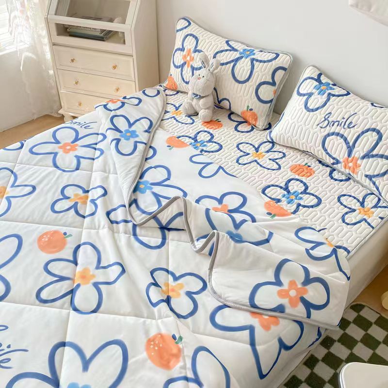 Ins Summer Ice Silk Latex Sheets Breathable Summer Quilted Quilt Four-piece Set Foldable Washable Dormitory Three-piece Set Bed