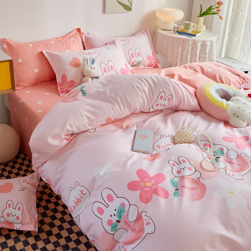 Qfdian Kuup 3-4pcs Cartoon Bedding Set Duvet Cover Set Soft Bedding Printing Bed Linen Queen Size Bedding Set Fashion Design For Girl