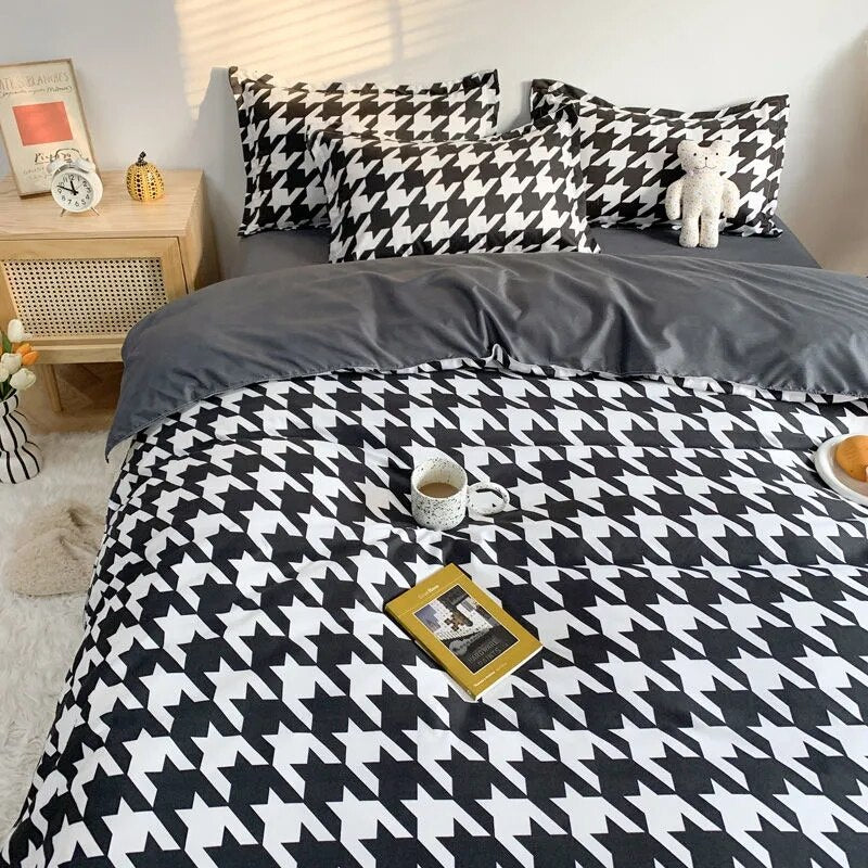 Nordic Pink Black Checkerboard Duvet Cover Sets With Pillow Case Bed Sheet Kids Girls Bedding Sets King Queen Twin Kawaii