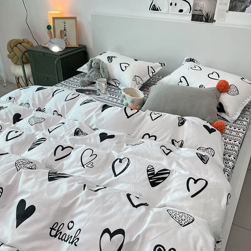 Nordic Pink Black Checkerboard Duvet Cover Sets With Pillow Case Bed Sheet Kids Girls Bedding Sets King Queen Twin Kawaii