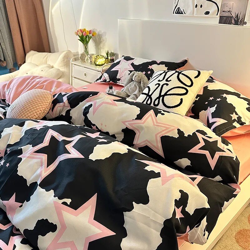 Black Bedding Set Boys Girls Soft Duvet Cover No Filling Flat Sheet Pillowcases Cartoon Plaid Single Double Size Bedspread