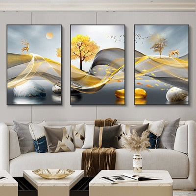 Qfdian 3 Pieces Nordic Luxury Ribbon Abstract Landscape Wall Art Canvas Paintings Modern Gold Deer Poster Print Picture for Home Decor