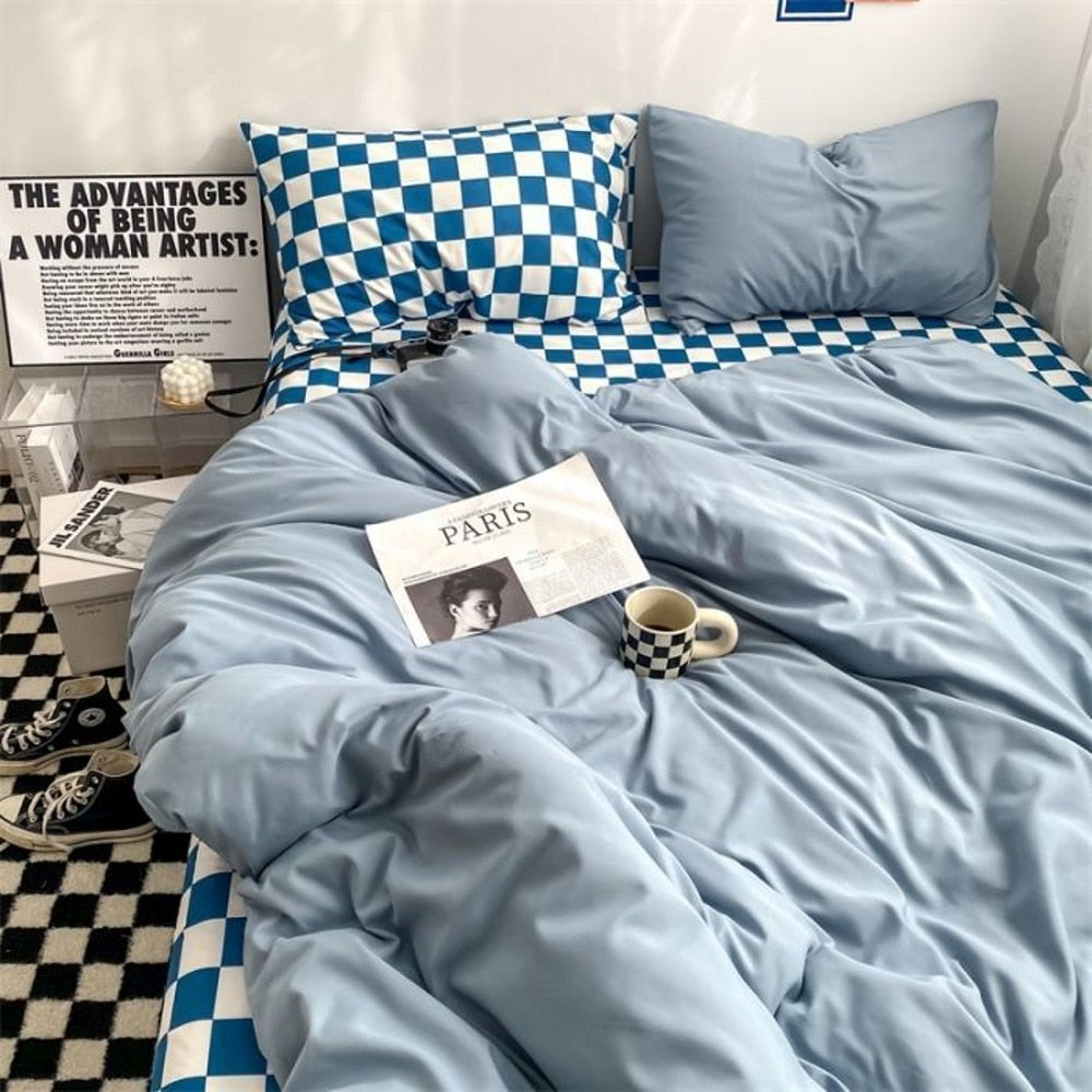 Checkerboard Bedding Sets Solid Color Fashion Single Double Queen Size Duvet Cover Flat Sheet Pillowcases Hotel Home Bed Linen