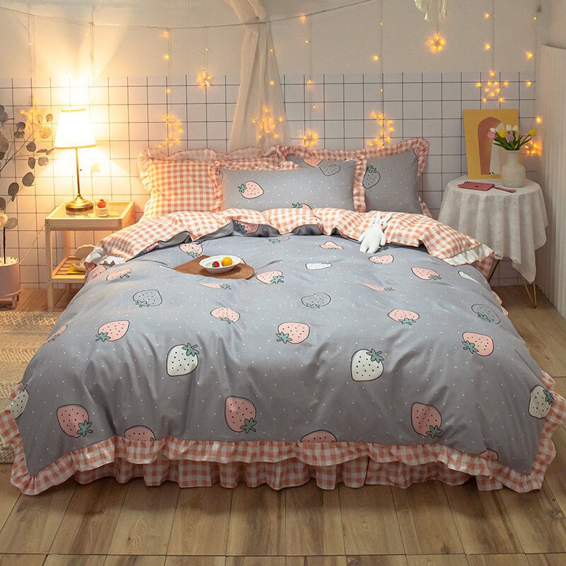 Simple Bedding Set Cute Girl Ruffle Lace Duvet Cover Bed Sheet Pillowcase Kawaii Cartoon Flower Quilt Cover 240x220cm