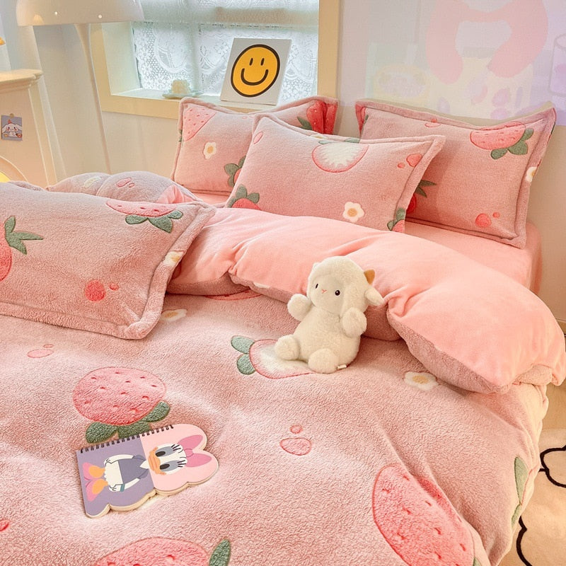 Winter Thick Warm Plush Comforter Cover Queen Bedding Sets Cartoon Quilt Cover Bed Sheet Pillowcase 4pcs Luxury Bed Linens