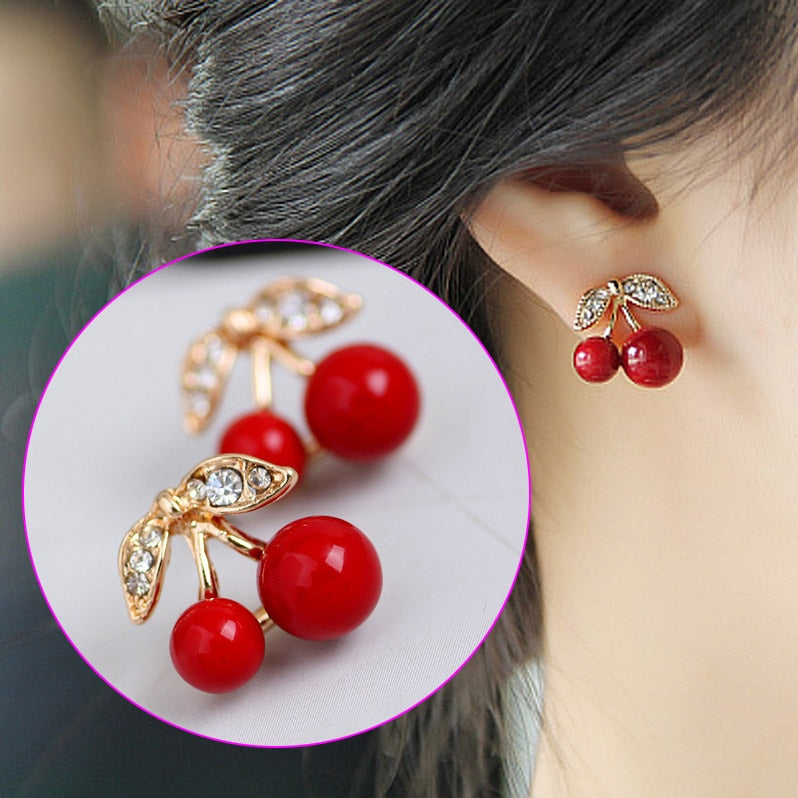 Women Cute Red Cherry Earrings Crystal Stud Earrings PR Sale