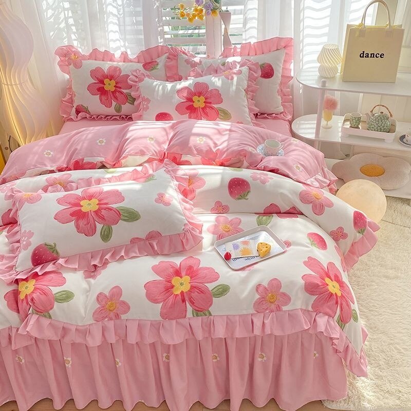 Girls Flowers Bedding Set Korean Princess Lace Ruffle Bed Skirt Quilt Cover Floral Duvet Cover Decor Home Simple Bedclothes