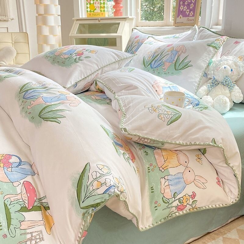 Cute Orange Bedding Sets ins Flower Duvet Cover Bed Sheet Soft Washed Cotton For Girl Single Size Bedspread