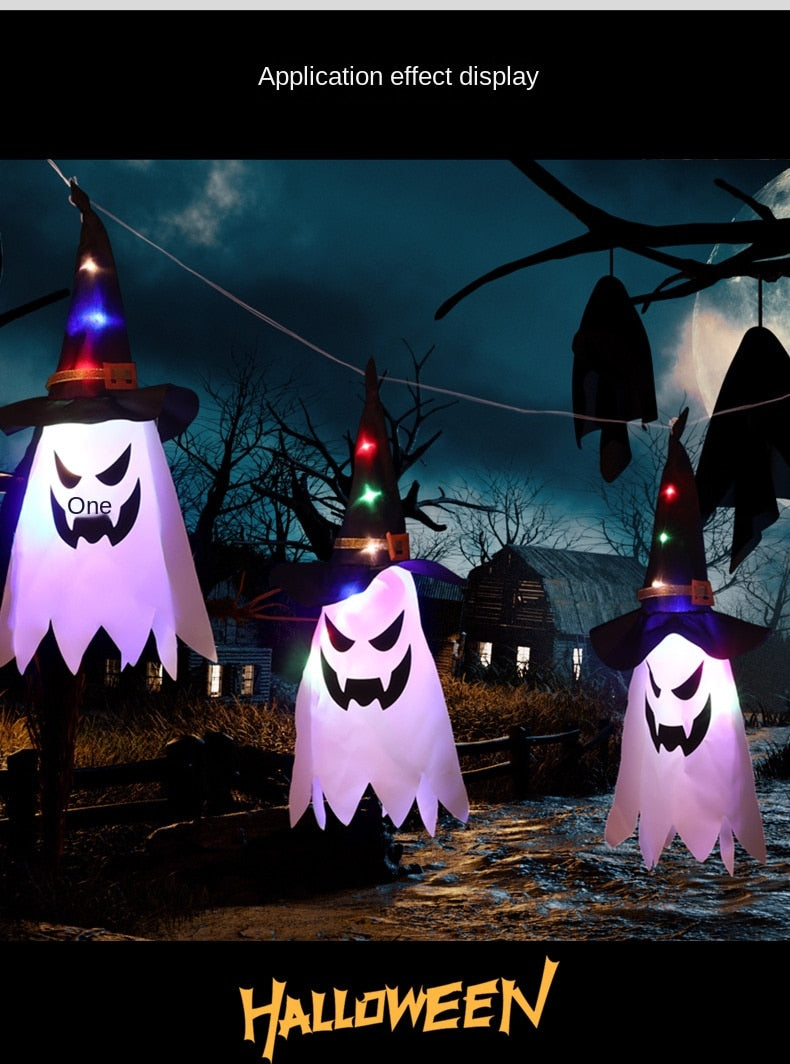 Qfdian halloween decorations halloween costumes halloween gift Halloween LED Flashing Light Hanging Ghost Halloween Party Dress Up Glowing Wizard Hat Lamp Horror Props for Home Bar Decoration