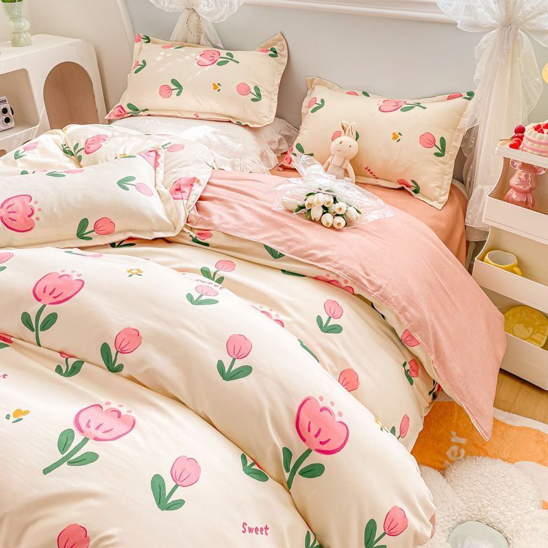 Floral Bedding Set Kawaii Rabbit Duvet Cover Flat Sheet Pillowcase Soft Bed Linens Single Full Dormitory Bedroom Home Textile