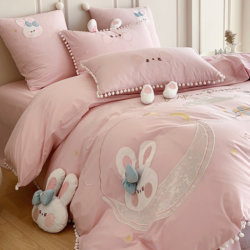 Cute Rabbit Cartoon Cotton Bedding Set Softer Duvet Cover Pillowcases Bed Sheet Set for Children (Double/Queen/King Size,3/4Pcs)