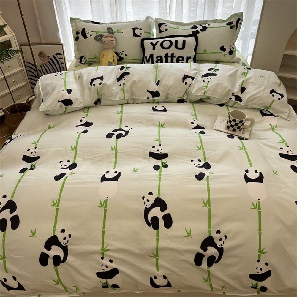 Panda Bedding Set 2023 New Cute Kids Duvet Cover Flat Sheet Pillowcases Twin Queen Size Bed Linen Boys Girls Home Textile