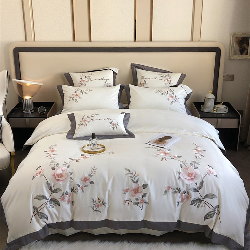 Luxury Embroidered Flowers Bedding Set 100S AUS Cotton Soft Queen King Size Bed Sheet Pillowcase Duvet Cover Set 4Pcs for Home