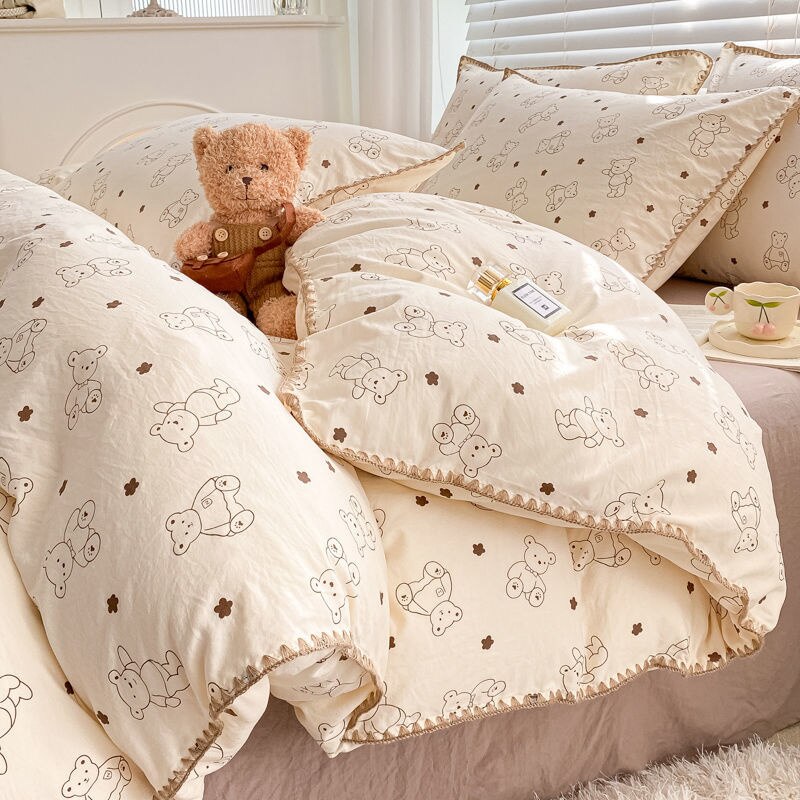 Cute Orange Bedding Sets ins Flower Duvet Cover Bed Sheet Soft Washed Cotton For Girl Single Size Bedspread