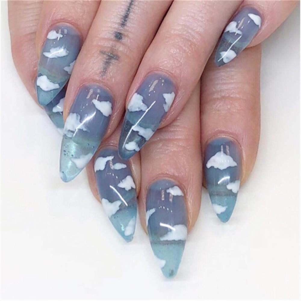 Qfdian 24Pcs/Set Blue Sky White Cloud Pattern Design False Nail French Stiletto Full Cover Fake Nails Glue DIY Manicure Nail Art Tools