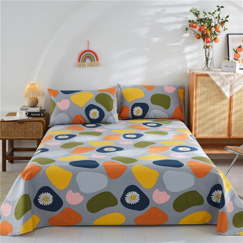 Qfdian Fashion Colorful Plaid Print Bed Sheet Set 100% Cotton Skin-friendly Single Double Bedsheet Sets Home Flat Sheet Pillow Covers