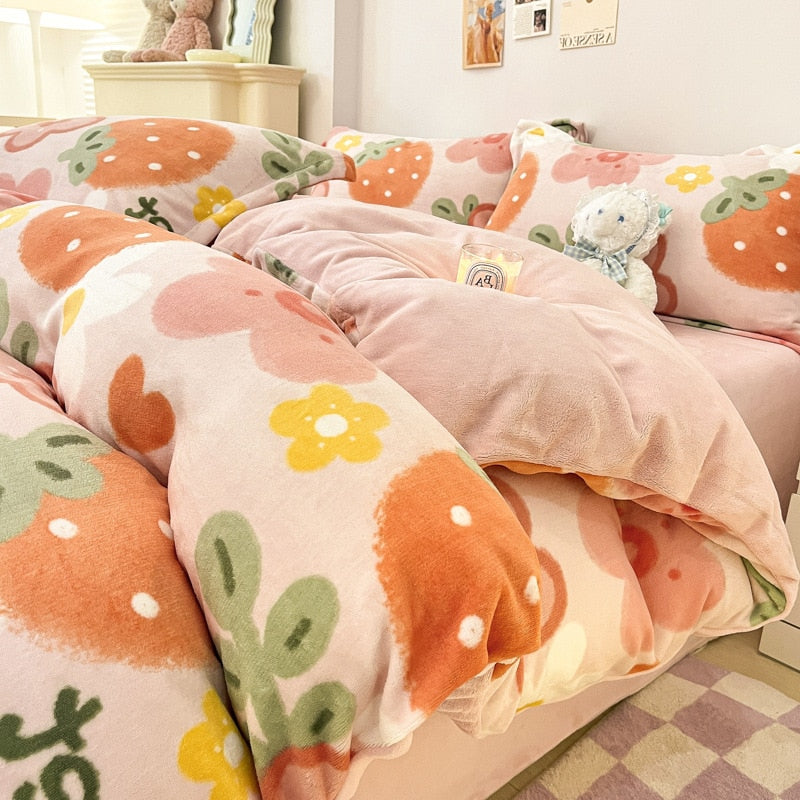 Winter Thick Warm Plush Comforter Cover Queen Bedding Sets Cartoon Quilt Cover Bed Sheet Pillowcase 4pcs Luxury Bed Linens