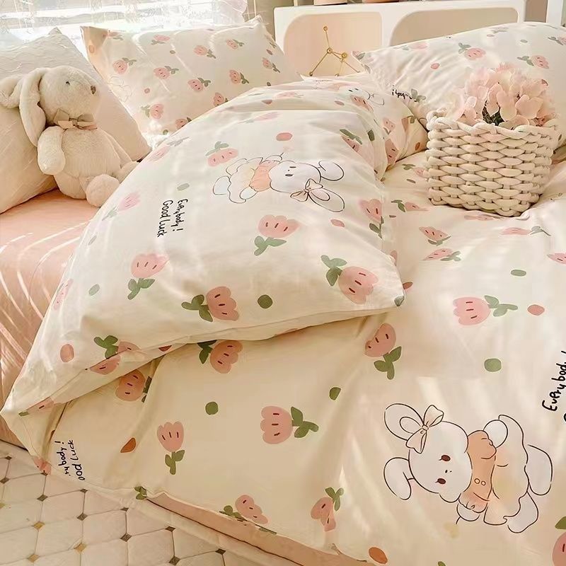 Floral Bedding Set Kawaii Rabbit Duvet Cover Flat Sheet Pillowcase Soft Bed Linens Single Full Dormitory Bedroom Home Textile