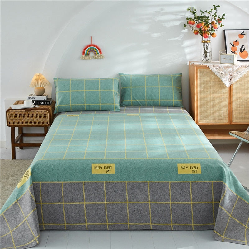 Qfdian Fashion Colorful Plaid Print Bed Sheet Set 100% Cotton Skin-friendly Single Double Bedsheet Sets Home Flat Sheet Pillow Covers