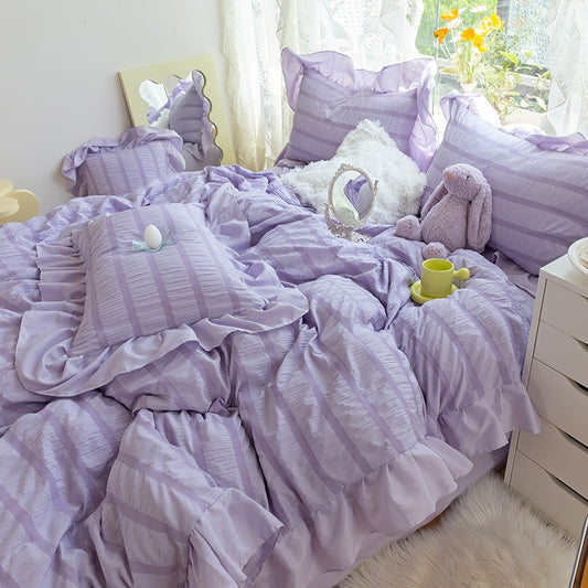 Qfdian Purple Princess Bedding Set Luxury Solid Color Duvet Cover Pillowcase Linens Twin Queen King Bed Sheet Set Woman Girl Kawaii Set