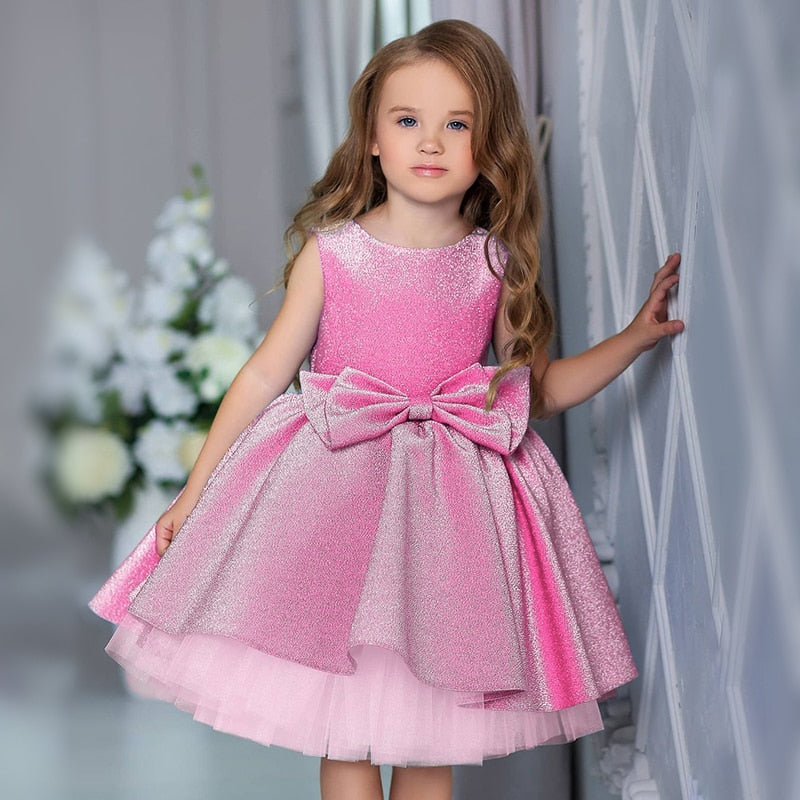 Qfdian Kids Formal Prom Shiny Girls Dresses for Weddings Bow Mesh Christmas Princess Costume Girl Birthday Party Gown 4-10 Year vestido