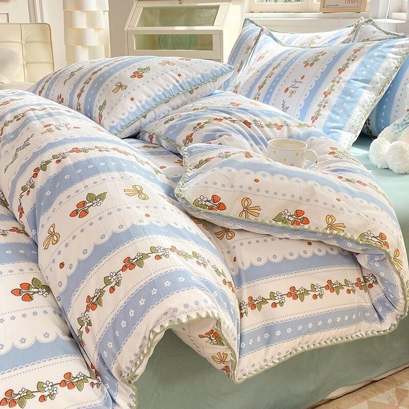 Cute Orange Bedding Sets ins Flower Duvet Cover Bed Sheet Soft Washed Cotton For Girl Single Size Bedspread