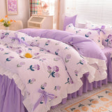 Ins Fashion Solid Bedding Set with Fitted Bed Sheet Cute Princess AB Double Sided Ruffle Quilt Cover Pillowcase Full Queen King