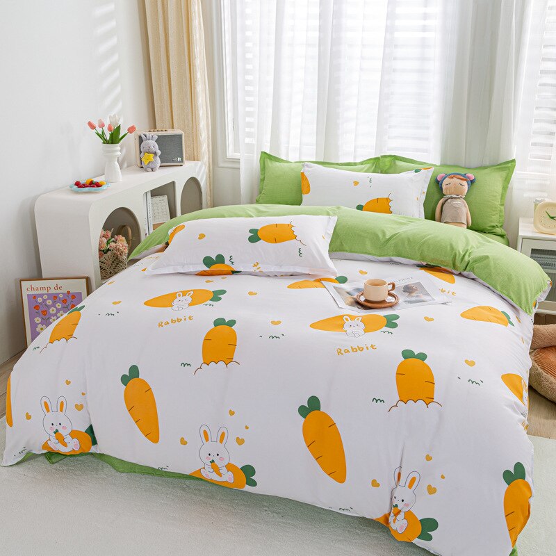 Cute Rabbit Bedding Set Carrot Soft Full Queen Size Boys Girls Duvet Cover No Filler Flat Sheet Pillowcases Kids Home Textile