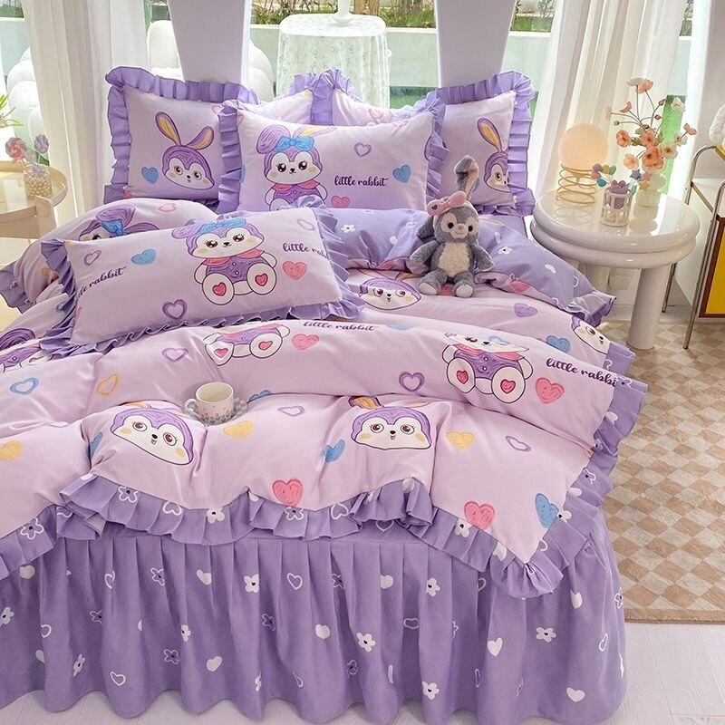 Girls Flowers Bedding Set Korean Princess Lace Ruffle Bed Skirt Quilt Cover Floral Duvet Cover Decor Home Simple Bedclothes