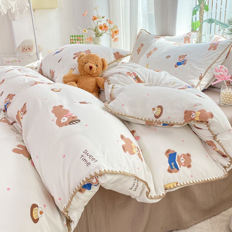 Cute Orange Bedding Sets ins Flower Duvet Cover Bed Sheet Soft Washed Cotton For Girl Single Size Bedspread