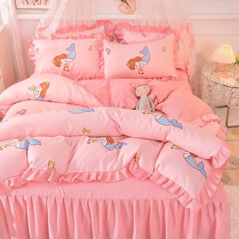 Girls Flowers Bedding Set Korean Princess Lace Ruffle Bed Skirt Quilt Cover Floral Duvet Cover Decor Home Simple Bedclothes