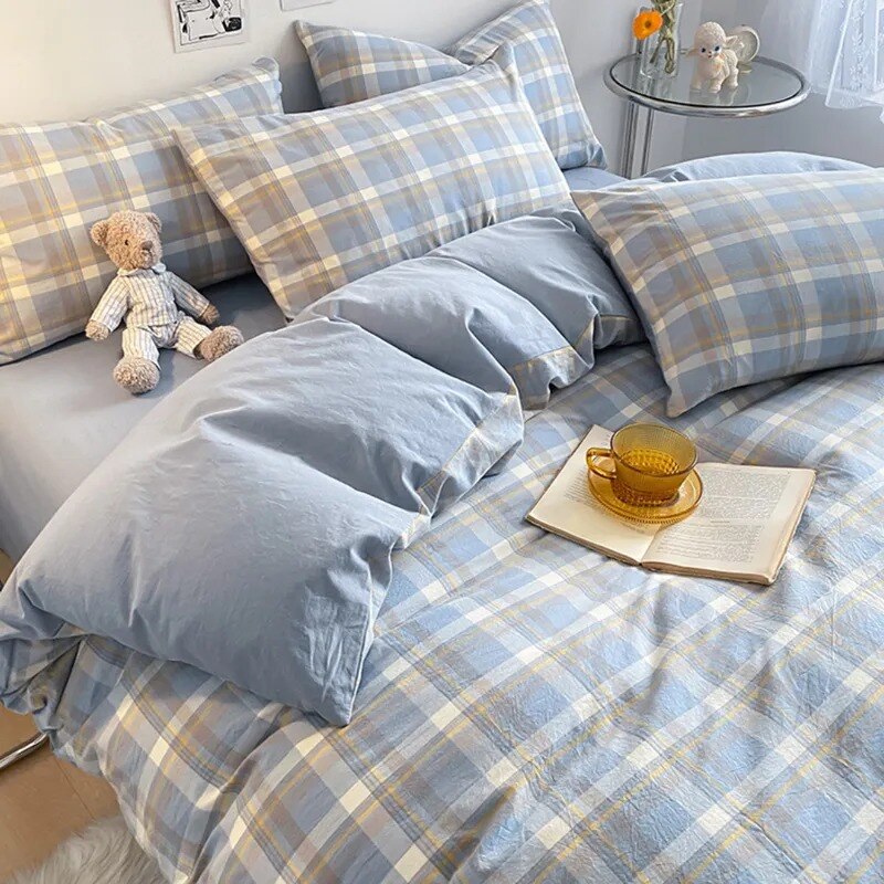 Blue Plaid Bedding Set Fashion Soft Bed Linen Single Full Queen Size Boys Girls Duvet Cover Flat Sheet Pillowcases Kit