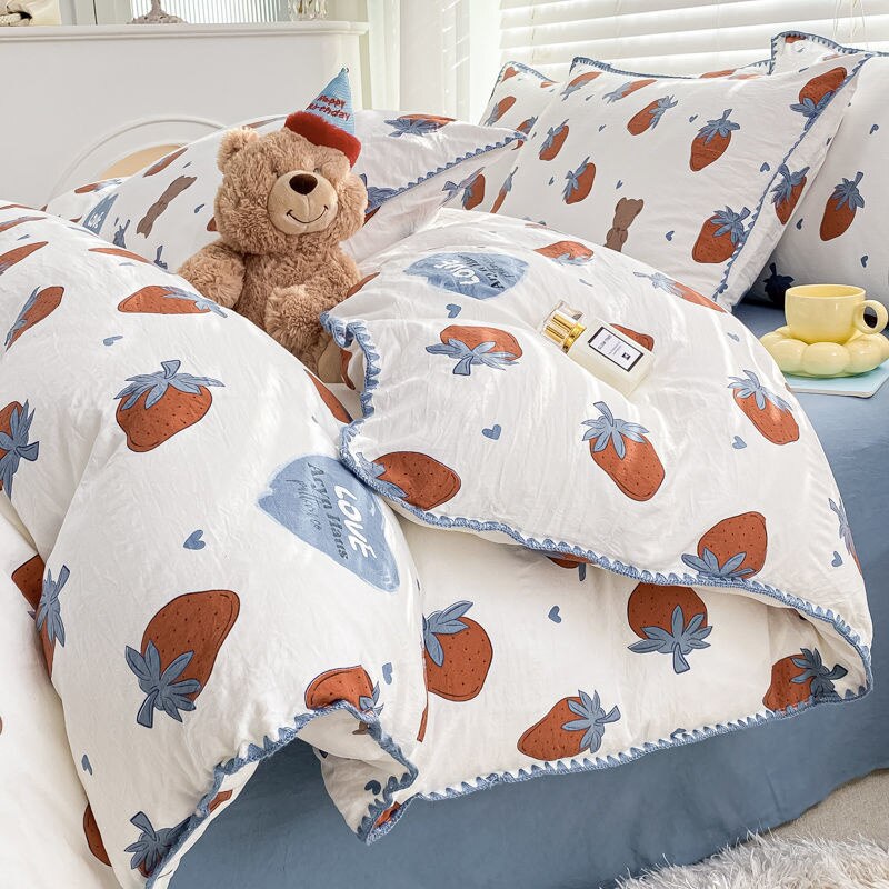 Cute Orange Bedding Sets ins Flower Duvet Cover Bed Sheet Soft Washed Cotton For Girl Single Size Bedspread