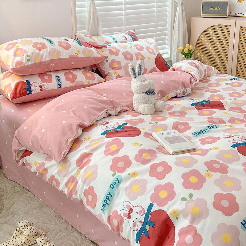 Ins Style Bedding Set Cotton Soft Flat Fitted Sheet Duvet Cover Pillowcase Floral Rabbit Boy Girls Home Textile Bedclothes