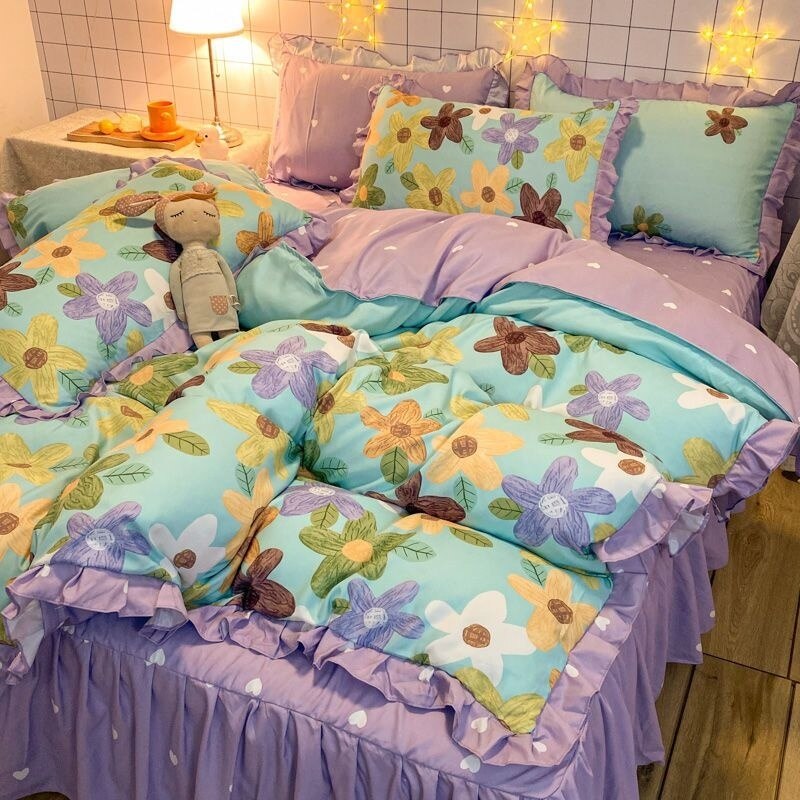 Floral Duvet Cover Set With Bed Skirt Pillowcase Princess Style Bedding Sets For Girl Woman Bed Linens Decor Bedroom 150x200cm