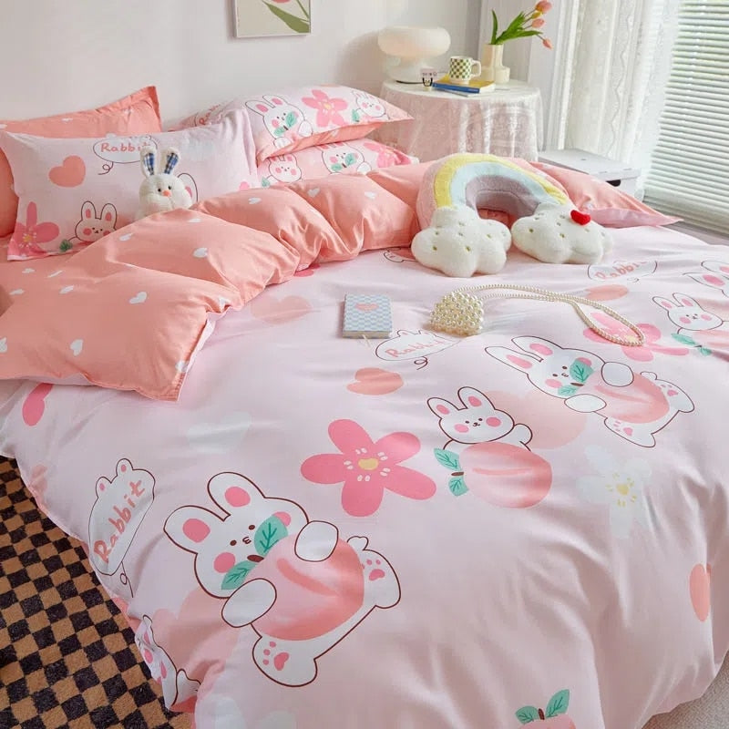 Qfdian Ins Princess Pink Heart Duvet Cover Home Textile Pillow Case Bed Sheet Kids Girls Bedding Covers Set King Queen Twin Cute Kawaii