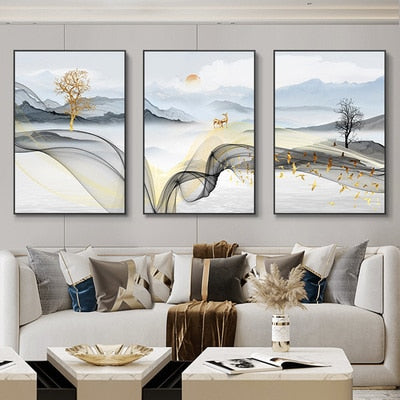 Qfdian 3 Pieces Nordic Luxury Ribbon Abstract Landscape Wall Art Canvas Paintings Modern Gold Deer Poster Print Picture for Home Decor