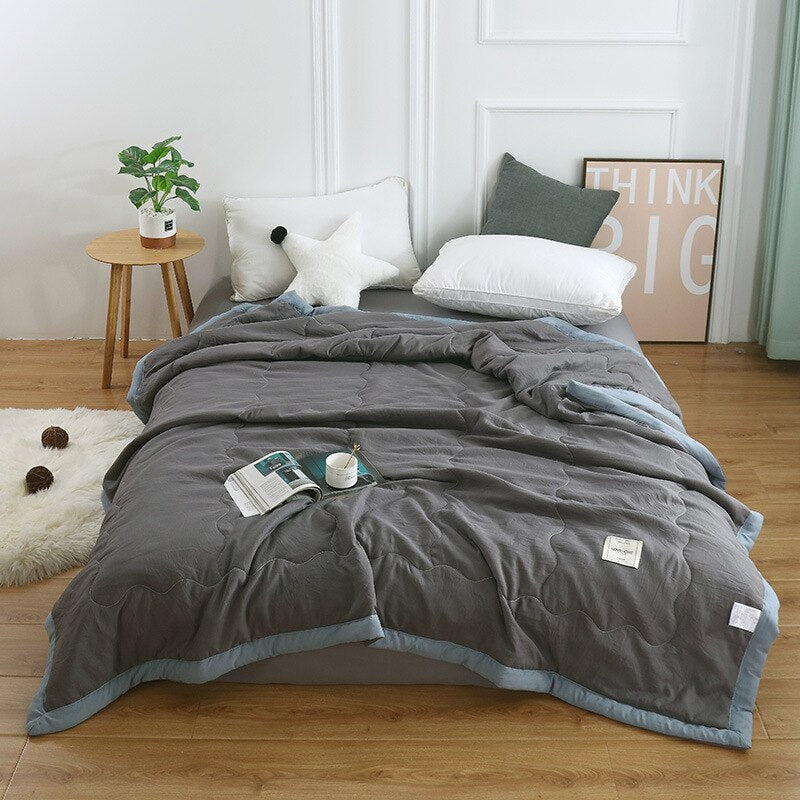 Soft Touch Quilt Solid Color Japanese Style Summer Air-conditioning Thin Comforter Breathable Blanket Washable Home Textiles