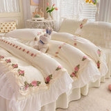 INS Korean Embroidery Ruffles Lace Bed Skirt Bedding Set Princess Girls Duvet Cover Pillowcase Solid Color Quilt Over Decor Home