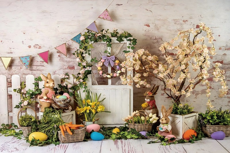 Qfdian Party decoration hot sale new Spring Easter Backdrop Brick Wall Egg Rabbit Newborn Baby Birthday Party Decor Wood Floor Photography Background Photo Studio