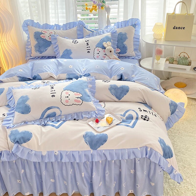 Girls Flowers Bedding Set Korean Princess Lace Ruffle Bed Skirt Quilt Cover Floral Duvet Cover Decor Home Simple Bedclothes