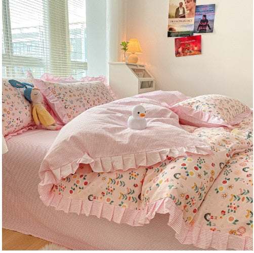 Lovely 100% Pure Cotton Bedding Set Full Size Cute Ruffles Single Doubel Duvet Cover Set Princess Girls Woman Cozy Bedding Sets