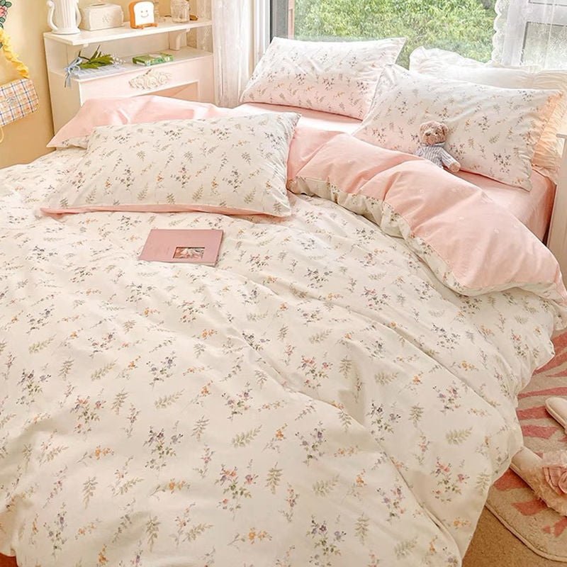 Ins Pink Flowers Bedding Set Flat Bed Sheet Duvet Cover Twin Full Queen Nordic Bed Linen Boy Girl Bedding Sets Flower Cherry