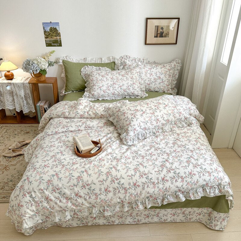 Qfdian 100% Cotton Small Floral Printed Lace Ruffle Bedding Set Simple Fresh Flower Single Duvet Cover Set Bed Linen Set Pillowcases