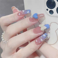 24PCS Glitter Press On Nails Korean Style Heart Rhinestone Design Coffin Fake Nails Full Cover Acrylic Nails Tips for girls Gift