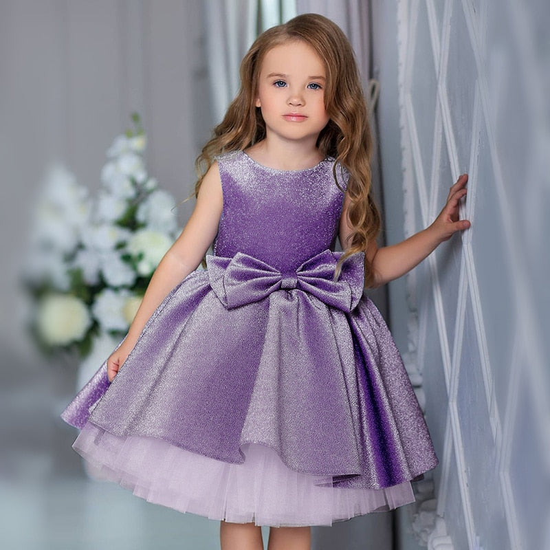 Qfdian Kids Formal Prom Shiny Girls Dresses for Weddings Bow Mesh Christmas Princess Costume Girl Birthday Party Gown 4-10 Year vestido